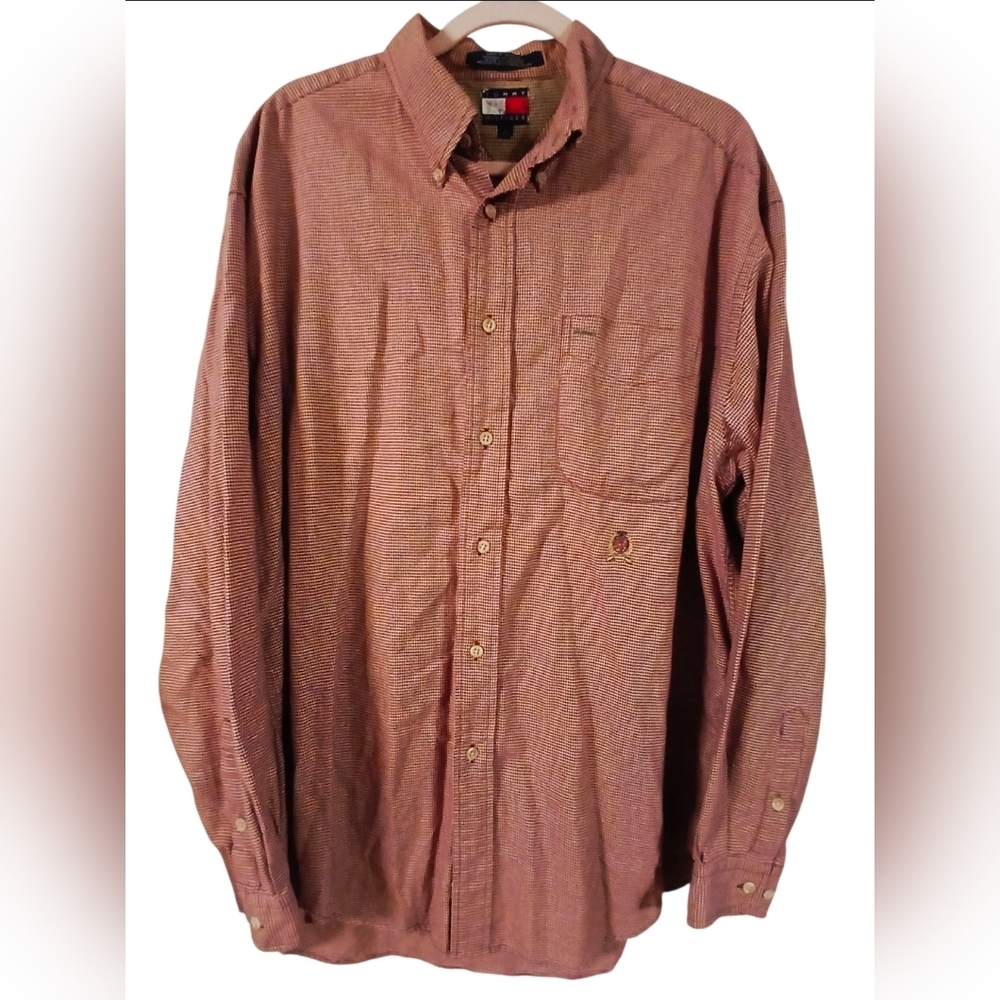 Tommy Hilfiger Men's Burgundy Checkered Long Sleeve Button-down Shirt L